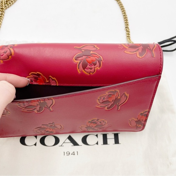 Coach Callie Foldover Chain Clutch With Floral Print Leather Red Apple - Picture 8 of 16